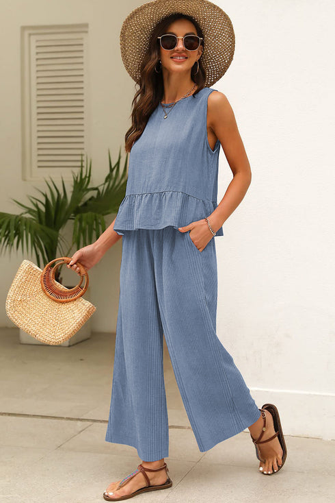 Solid Color Ribbed Ruffle Tank Top and Pants Set